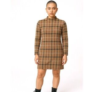Rachel Zoe Plaid Midi Sweater Dress Long‎ Sleeve Mock Neck Tan Brown S-Old Money